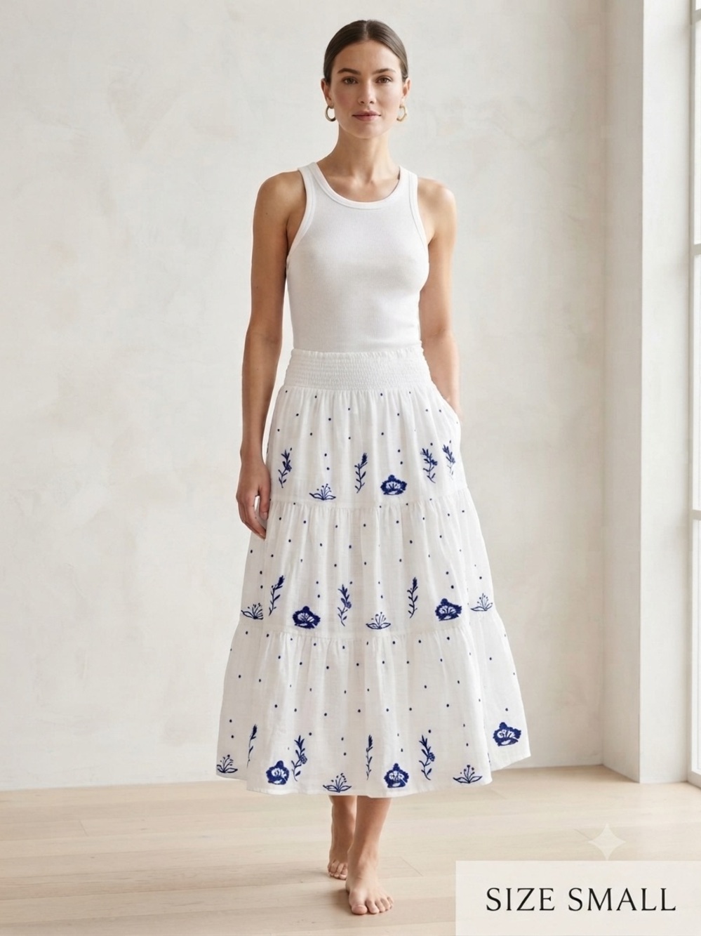 Anthropologie Medow Rhodes  100% cotton Tiered Midi Skirt with Blue Florals